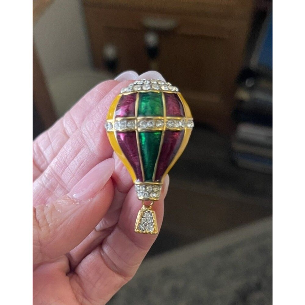 Multicolor Enamel Hot Air Balloon Brooch Pin, White Rhinestone Mardi Gras Colors